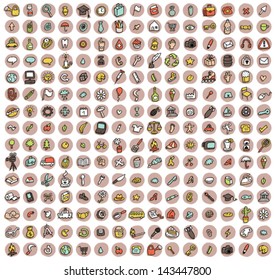 Collection of 225 doodled icons (vignette) for every ocasion with shadows, on background, in colours. Individual illustrations are isolated and in eps10 vector mode.