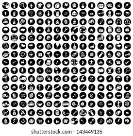 Collection of 225 doodled icons (vignette) for every ocasion with on black background, in black-and-white. Individual illustrations are isolated and in eps8 vector mode.