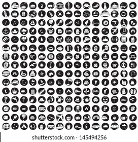 Collection of 225 travel and tourism doodled icons (vignette) on black background, in black-and-white. Individual illustrations are isolated and in eps8 vector mode.