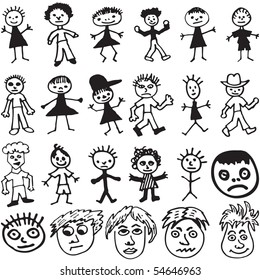 A collection of 23 cartoon characters and faces drawn in the style a child would draw.