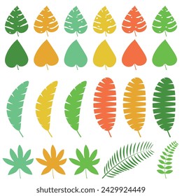 Sammlung von 23 Silhouette Einfache farbige Sommer- und Herbstblätter. 7 verschiedene Arten von Blättern. Vektorgrafik