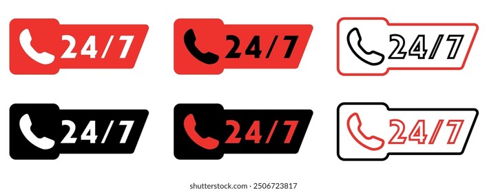 Collection of 24 7 service banner. 24-7 open, concept with call icon. Phone Support 24 hours a day and 7 days a week. Support service. Vector Illustration.