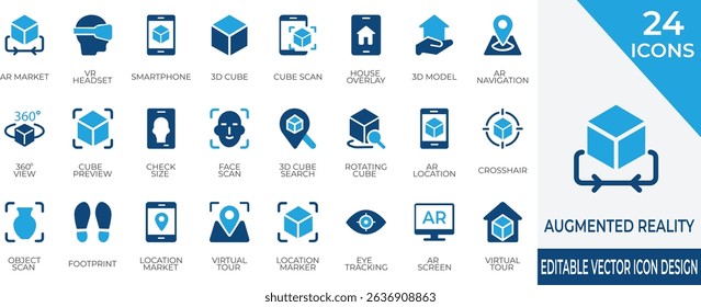 A collection of 24 augmented reality vector icons including AR glasses, VR headset, 3D cube, and navigation tools. Perfect for use in tech apps, AR design, mobile platforms, and future technology