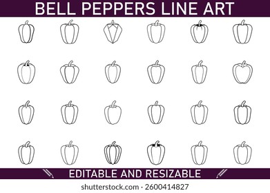 Collection of 24 bell pepper line art illustrations. Various views, editable and resizable vector graphics, perfect for design projects.