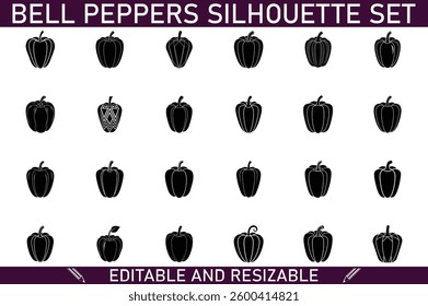 Collection of 24 black bell pepper silhouettes, various shapes orientations. Perfect for design projects. Editable and resizable vector graphics.