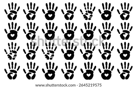 Collection of 24 black handprints, some with hearts, perfect for representing love, unity, or family. Ideal for various design projects.