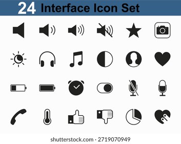 A collection of 24 black interface icons on a white background, featuring symbols for music, video, social media, and more in a simple style