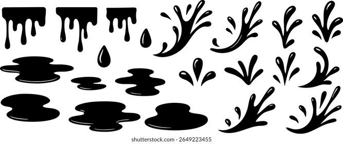 Collection of 24 black liquid splash, drip, and puddle silhouettes. Bold graphic elements for comics, horror designs, graffiti, or paint effects. Isolated on transparent background