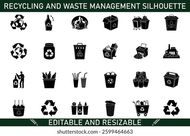 Collection of 24 black silhouette icons illustrating various aspects of recycling and waste management, including bins, bottles, and recycling symbols. Editable and resizable vector graphics.