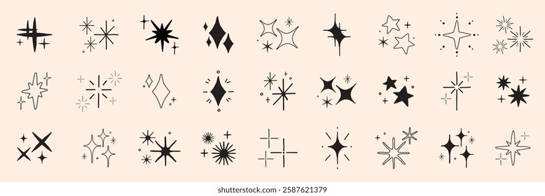 Collection of 24 black star and sparkle icons on a beige background. Various star shapes and sparkle designs. Perfect for decorative star and sparkle themes. Element vector set.