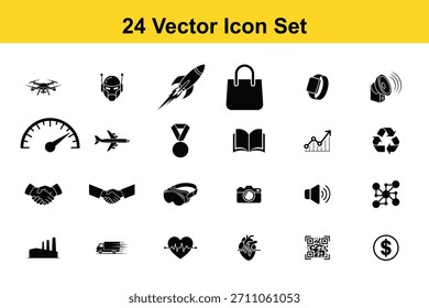 Colección de 24 iconos de vectores negros para tecnología y negocios