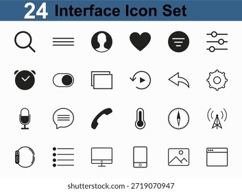 Una colección de 24 iconos de interfaz en blanco y negro que incluyen búsqueda, menú, usuario, corazón, Configuraciones y más aislados sobre fondo blanco