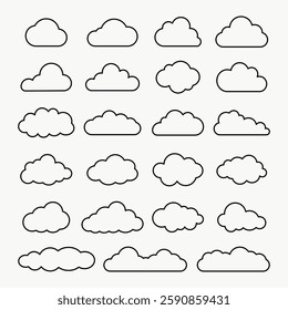 Collection of 24 cloud icons in various shapes. Simple cloud designs, outlined clouds, diverse cloud forms. Perfect for weather apps, cloud graphics, and designs. Weather illustration, vector set.