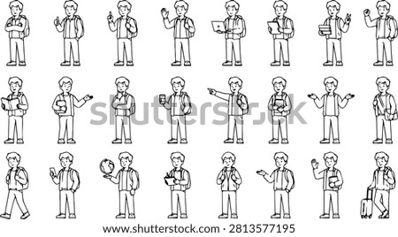 Collection of 24 detailed line flat college student character icons featuring a student standing in different poses and gestures. Each illustration is uniquely designed with clean outline strokes and a modern flat style without words labels or decorative elements. Perfect for education websites mobile applications user interface design presentations infographics e learning platforms campus materials school branding and academic publications. Isolated on a white background with a consistent vector style suitable for professional and commercial creative projects.
