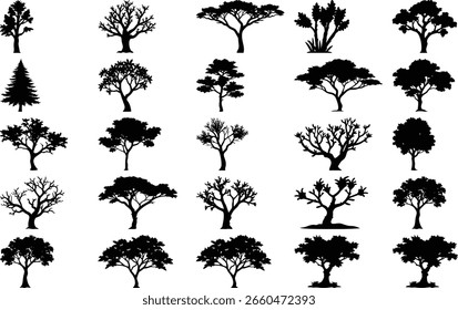 Una colección de 24 siluetas de árboles negros distintos sobre un fondo blanco limpio, mostrando varias Formas y tamaños.