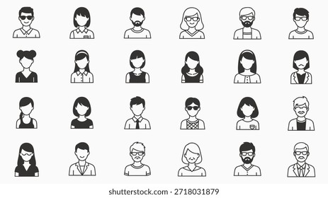 Una colección de 24 diversos iconos de arte de línea en blanco y negro que representan a varias personas. Los iconos representan a individuos con diferentes peinados, rasgos faciales y estilos de ropa, adecuados para perfiles de usuario o avatares.