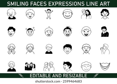 Collection of 24 diverse smiling faces, showing various happy expressions in simple line art style. Editable and resizable vector graphics for design projects.