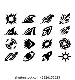 A collection of 24 dynamic arrow and symbol vector icons featuring starbursts, lightning bolts, flames, rockets, planets, and swirls in a sleek, modern style.