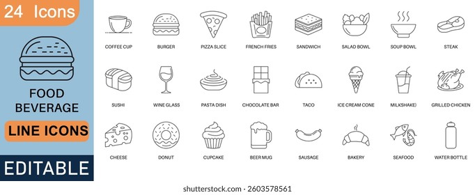 A collection of 24 editable food and beverage line icons, including burger, pizza, coffee, sushi, pasta, steak, seafood, dessert, drinks, and more. Perfect for menus, restaurants, and digital designs.
