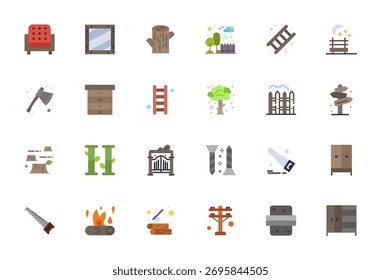 Collection of 24 Flat Display Perfect vector icons for Wood, designed in 128x128 format for clarity and versatility.