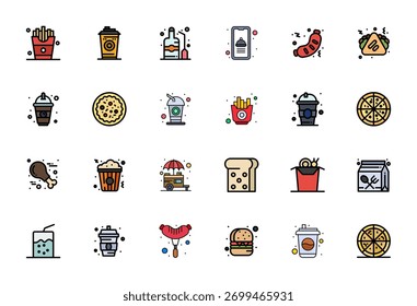 Kollektion von 24 Flat Line Filled Grid Passende Vektorsymbole für Fast Food, entwickelt im High Resolution Format für Klarheit und Vielseitigkeit.