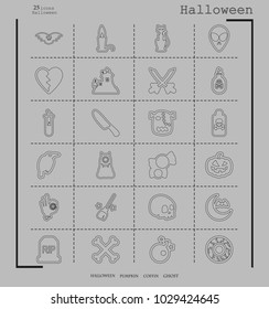 Collection of 24 halloween icons. Vector illustration in thin line style