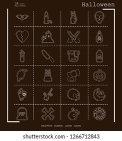 Collection of 24 halloween icons. Vector illustration in thin line style