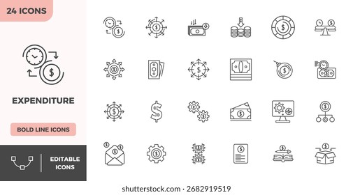 Colección de 24 iconos vectoriales de líneas pesadas PIXEL perfectos para gastos, diseñados en formato 128x128 para mayor claridad y versatilidad.