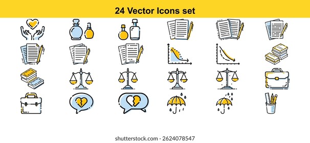 A collection of 24 high-quality vector icons depicting various concepts related to business, finance, law, and everyday life. Perfect for websites, apps, and presentations.
