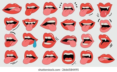 Colección de 24 labios rojos ilustrados en varias expresiones, incluyendo lenguas sobresalientes y bocas abiertas.