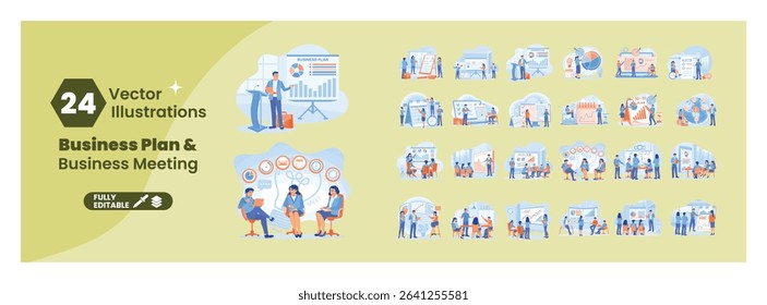 Collection of 24 illustrations on business plan and business meeting themes. Managers are giving presentations, office staff are having meetings and analyzing data. Mega set.