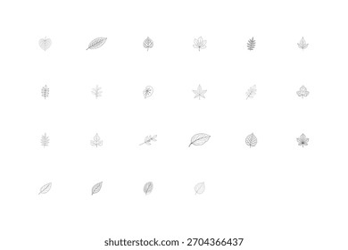 Una colección de 24 dibujos de líneas Pequeñas individuales de varias Formas de hojas, dispuestas en un patrón de cuadrícula
