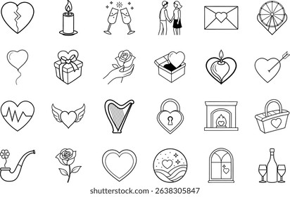 A collection of 24 line art icons depicting romantic symbols hearts, gifts, roses, champagne, couples, and more, perfect for Valentines Day.