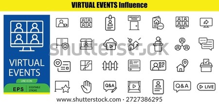 A collection of 24 line in black and white representing various aspects of virtual events, including conferencing, presentations, breakout rooms, and Q