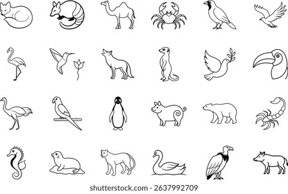 A collection of 24 line drawings showcasing diverse animals, including mammals, birds, reptiles, and invertebrates. Simple, elegant, black outlines on white background.