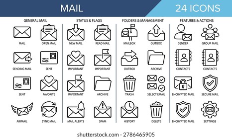 Collection of 24 linear mail and email icons, featuring various symbols for messaging, folder management, status, and security, isolated on white background.