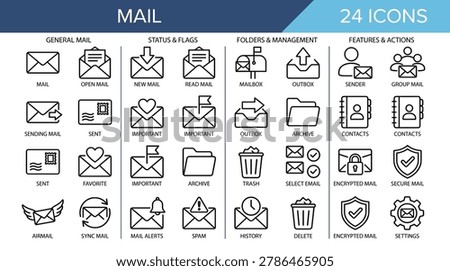 Collection of 24 linear mail and email icons, featuring various symbols for messaging, folder management, status, and security, isolated on white background.