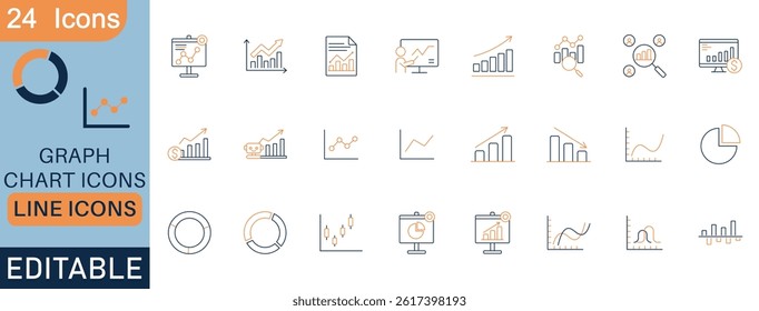 A collection of 24 line-style graph and chart icons for apps, websites, dashboards, business analytics, statistics, and data presentation. Ideal for reports, infographics, and financial interfaces.