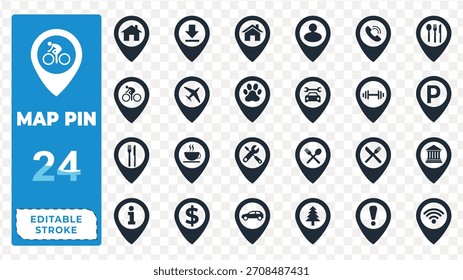 Collection of 24 map pin icons with various symbols on transparent background location icon navigation