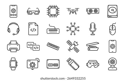 Coleção de 24 ícones mínimos da linha de tecnologia com gadgets, eletrônicos, dispositivos, computadores, smartphones, vestíveis e acessórios digitais para o design tecnológico moderno