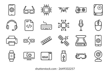 Coleção de 24 ícones mínimos da linha de tecnologia com gadgets, eletrônicos, dispositivos, computadores, smartphones, vestíveis e acessórios digitais para o design tecnológico moderno