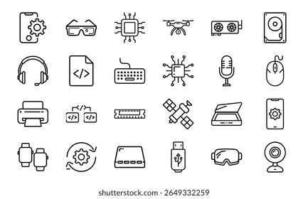 Coleção de 24 ícones mínimos da linha de tecnologia com gadgets, eletrônicos, dispositivos, computadores, smartphones, vestíveis e acessórios digitais para o design tecnológico moderno
