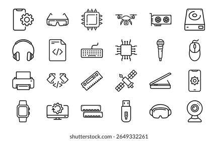 Coleção de 24 ícones mínimos da linha de tecnologia com gadgets, eletrônicos, dispositivos, computadores, smartphones, vestíveis e acessórios digitais para o design tecnológico moderno