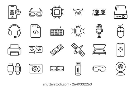 Collection of 24 Minimal Technology Line Icons Featuring Gadgets, Electronics, Devices, Computers, Smartphones, Wearables, and Digital Accessories for Modern Tech Design
