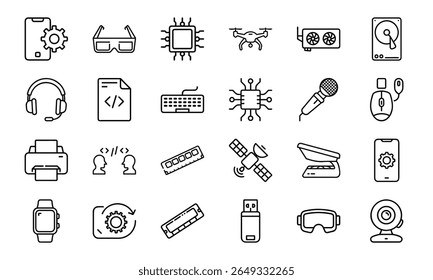 Coleção de 24 ícones mínimos da linha de tecnologia com gadgets, eletrônicos, dispositivos, computadores, smartphones, vestíveis e acessórios digitais para o design tecnológico moderno