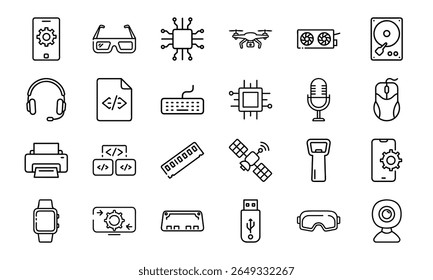 Coleção de 24 ícones mínimos da linha de tecnologia com gadgets, eletrônicos, dispositivos, computadores, smartphones, vestíveis e acessórios digitais para o design tecnológico moderno