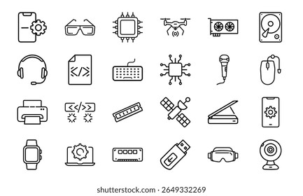 Coleção de 24 ícones mínimos da linha de tecnologia com gadgets, eletrônicos, dispositivos, computadores, smartphones, vestíveis e acessórios digitais para o design tecnológico moderno