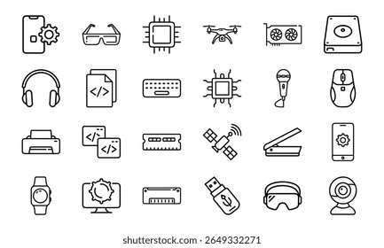 Collection of 24 Minimal Technology Line Icons Featuring Gadgets, Electronics, Devices, Computers, Smartphones, Wearables, and Digital Accessories for Modern Tech Design