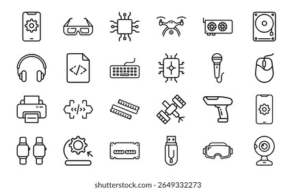 Collection of 24 Minimal Technology Line Icons Featuring Gadgets, Electronics, Devices, Computers, Smartphones, Wearables, and Digital Accessories for Modern Tech Design
