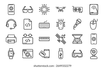 Coleção de 24 ícones mínimos da linha de tecnologia com gadgets, eletrônicos, dispositivos, computadores, smartphones, vestíveis e acessórios digitais para o design tecnológico moderno